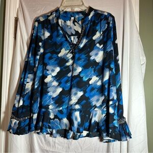 NY Collection Blouse M Blue Floral Shirt